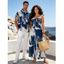 Vacation Couple Outfit Vintage Grunge Ink Wash Abstract Print Tied Pocket Off the Shoulder Wide Leg Jumpsuit and Shirt Set - Bleu profond S | US 4