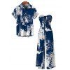 Vacation Couple Outfit Vintage Grunge Ink Wash Abstract Print Tied Pocket Off the Shoulder Wide Leg Jumpsuit and Shirt Set - Bleu profond S | US 4