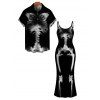 Gothic Couple Outfit Skeleton Print Spaghetti Strap Bodycon Maxi Dress and Shirt Set - Noir S | US 4