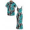 Hawaiian Vacation Couple Outfit Tropical Hibiscus Floral Zebra Print Spaghetti Strap Maxi Bodycon Dress and Shirt Set - Turquoise S | US 4