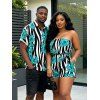 Hawaiian Vacation Couple Outfit Tropical Hibiscus Floral Zebra Print Pocket Off the Shoulder Romper and Shirt Set - Turquoise S | US 4