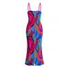 Vacation Couple Outfit Colorful Abstract Swirl Print Spaghetti Strap Maxi Bodycon Dress and Shirt Set - Rose Vif S | US 4
