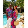 Vacation Couple Outfit Colorful Abstract Swirl Print Spaghetti Strap Maxi Bodycon Dress and Shirt Set - Rose Vif S | US 4