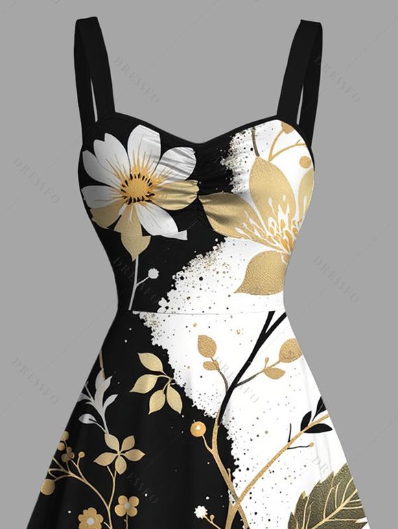 Vacation Dress Contrast Color Floral Leaf Print Ruched Bust Mini Dress - Noir XXXXXL | US 20