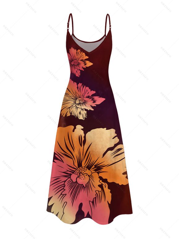 Vacation Dress Ombre Hibiscus Floral Print Pocket Spaghetti Strap Dress - Rouge Vineux XXXXXL | US 20