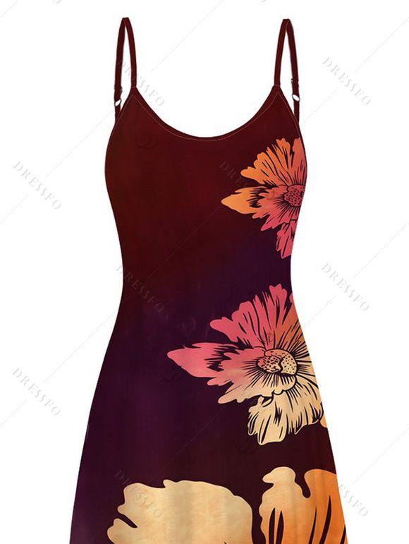 Vacation Dress Ombre Hibiscus Floral Print Pocket Spaghetti Strap Dress - Rouge Vineux XXXXXL | US 20