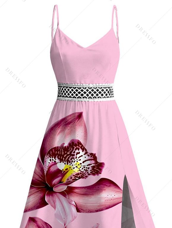 Vacation Dress Orchid Floral Print Lace Hollow Out Spaghetti Strap Slit Dress - Rose XXXXXL | US 20