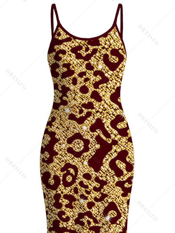Vacation Dress Sequined Leopard Print Spaghetti Strap Maxi Bodycon Dress - Rouge Vineux XXL | US 14