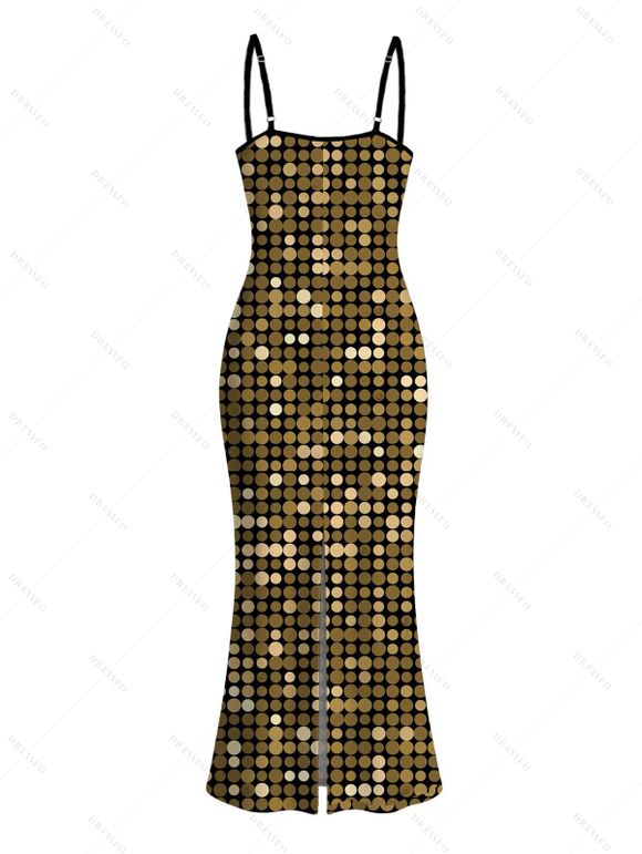 Vacation Hawaiian Dress Metallic Gold Dots Geometric Print Spaghetti Strap Maxi Bodycon Dress - Noir XXL | US 14