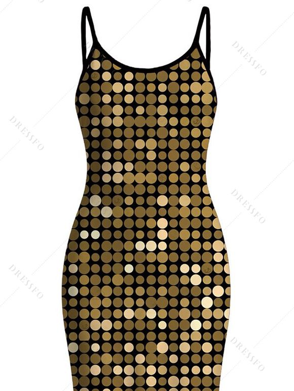 Vacation Hawaiian Dress Metallic Gold Dots Geometric Print Spaghetti Strap Maxi Bodycon Dress - Noir XXL | US 14