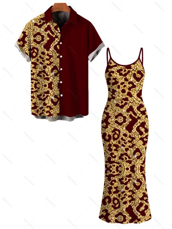 Vacation Couple Outfit Sequined Leopard Print Spaghetti Strap Maxi Bodycon Dress and Colorblock Shirt Set - Rouge Vineux S | US 4