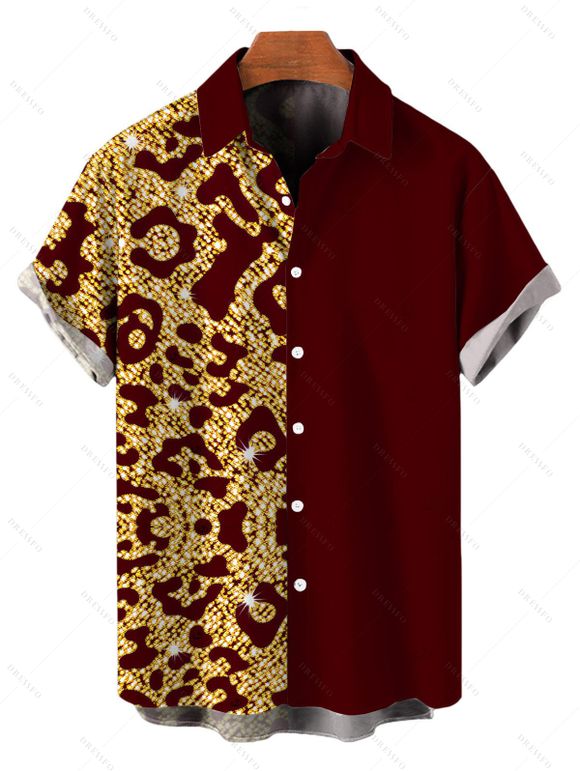 Vacation Couple Outfit Sequined Leopard Print Spaghetti Strap Maxi Bodycon Dress and Colorblock Shirt Set - Rouge Vineux S | US 4