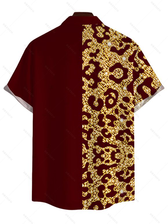 Men's Vacation Shirt Colorblock Sequined Leopard Print Button Up Shirt - Rouge Vineux 5XL