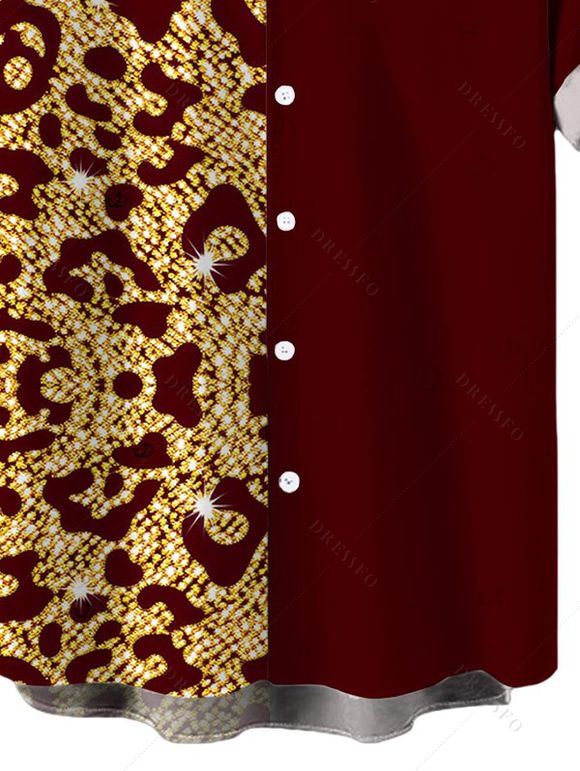 Men's Vacation Shirt Colorblock Sequined Leopard Print Button Up Shirt - Rouge Vineux 5XL