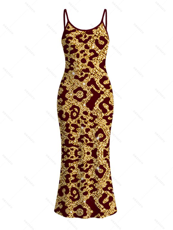 Vacation Couple Outfit Sequined Leopard Print Spaghetti Strap Maxi Bodycon Dress and Colorblock Shirt Set - Rouge Vineux S | US 4