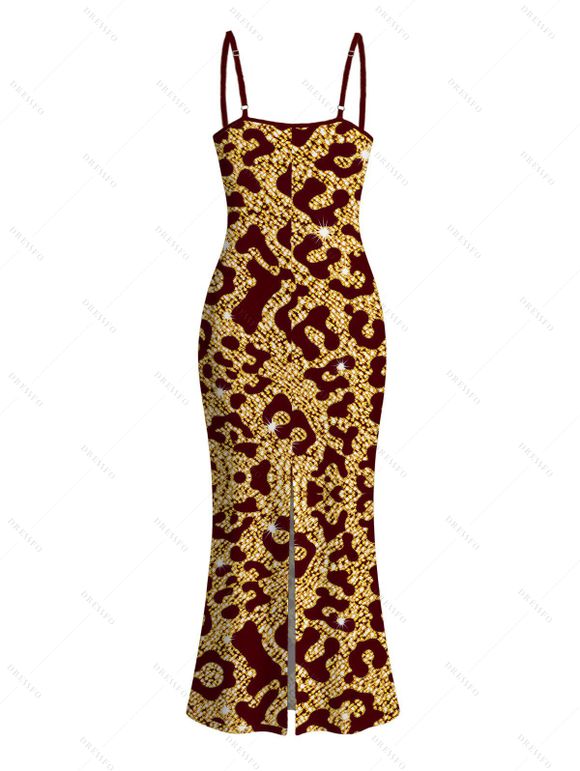 Vacation Couple Outfit Sequined Leopard Print Spaghetti Strap Maxi Bodycon Dress and Colorblock Shirt Set - Rouge Vineux S | US 4