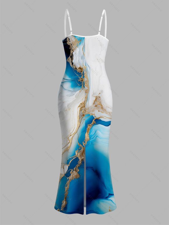 Hawaiian Vacation Dress Metallic Gold Marble Fluid Print Spaghetti Strap Maxi Bodycon Dress - Pers XXL | US 14