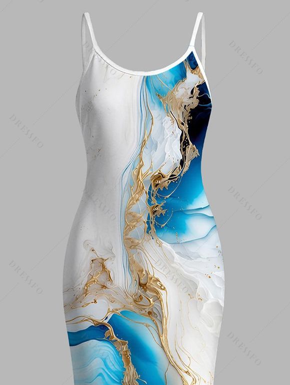 Hawaiian Vacation Dress Metallic Gold Marble Fluid Print Spaghetti Strap Maxi Bodycon Dress - Pers XXL | US 14