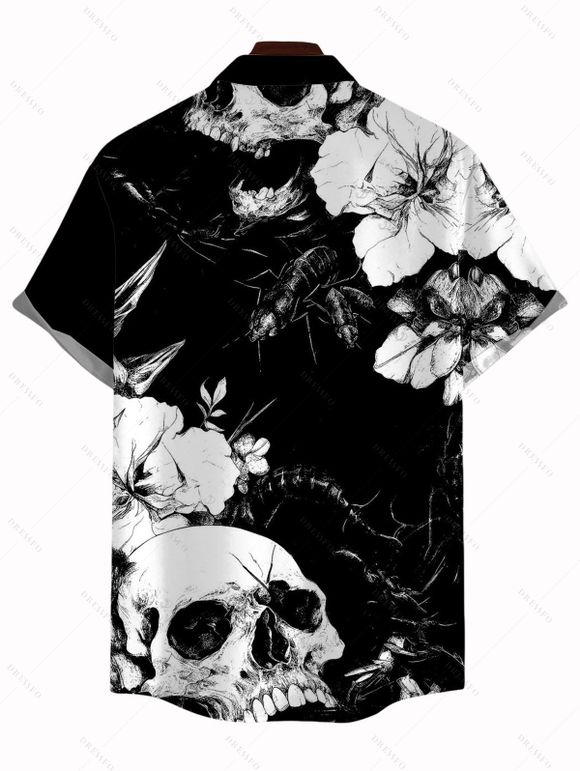 Men's Vacation Gothic Shirt Monochrome Skulls Insects Floral Print Button Up Shirt - Noir 5XL