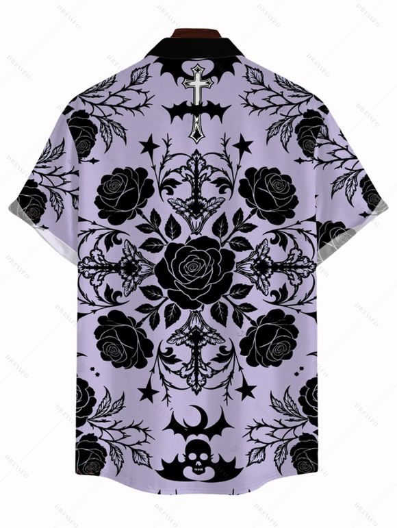 Men's Gothic Shirt Rose Cross Skulls Bats Print Button Up Shirt - Violet clair 5XL