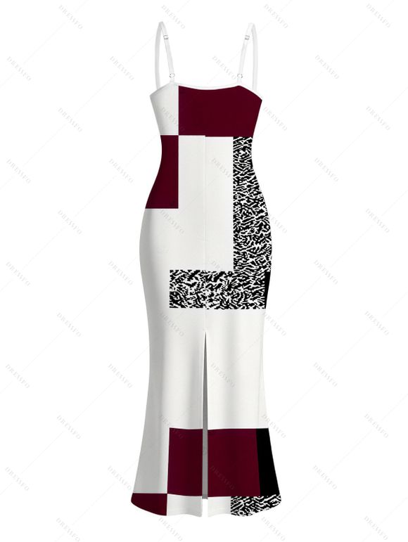 Vacation Dress Colorblock Leopard Geometric Patchwork Print Spaghetti Strap Maxi Bodycon Dress - Rouge Vineux S | US 4