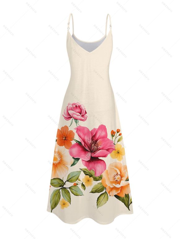 Vacation Dress Colored Floral Leaf Print Pocket Spaghetti Strap Garden Style Dress - Champagne XXXXXL | US 20