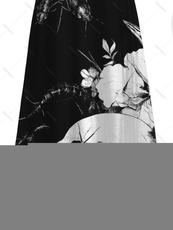 Vacation Gothic Dress Monochrome Skulls Insects Floral Print Pocket Spaghetti Strap Dress - Noir XXXXXL | US 20