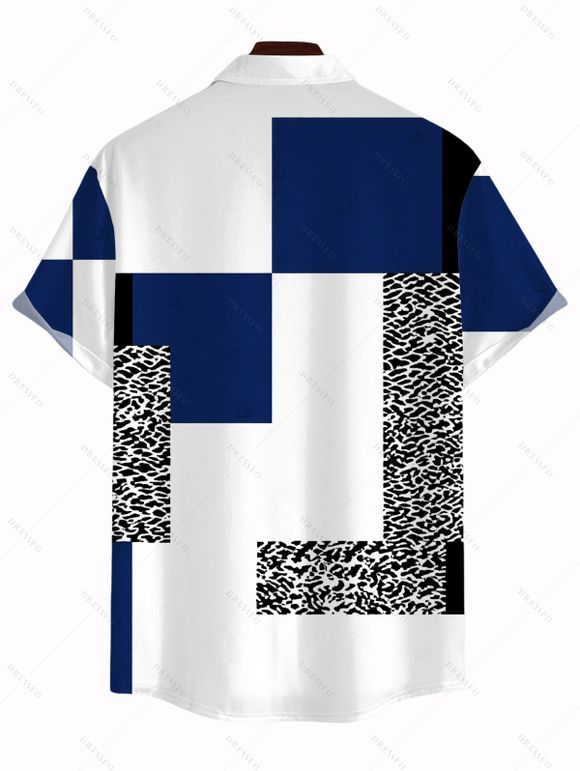 Men's Vacation Shirt Colorblock Leopard Geometric Patchwork Print Button Up Shirt - Bleu Marine 5XL