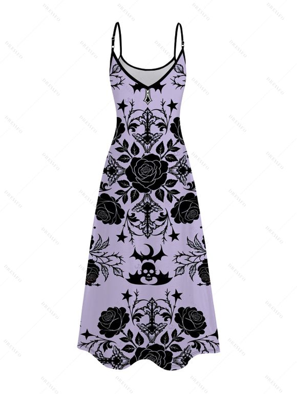 Gothic Dress Rose Cross Skulls Bats Print Pocket Spaghetti Strap Dress - Violet clair XXXXXL | US 20