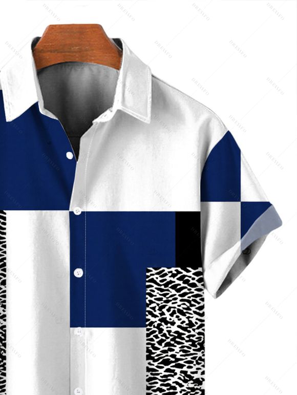 Men's Vacation Shirt Colorblock Leopard Geometric Patchwork Print Button Up Shirt - Bleu Marine 5XL