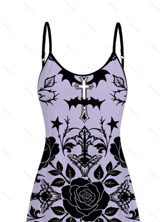 Gothic Dress Rose Cross Skulls Bats Print Pocket Spaghetti Strap Dress - Violet clair XXXXXL | US 20