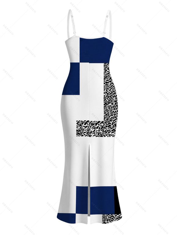 Vacation Dress Colorblock Leopard Geometric Patchwork Print Spaghetti Strap Maxi Bodycon Dress - Bleu Marine XXL | US 14