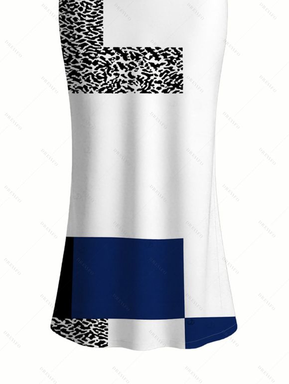 Vacation Dress Colorblock Leopard Geometric Patchwork Print Spaghetti Strap Maxi Bodycon Dress - Bleu Marine XXL | US 14