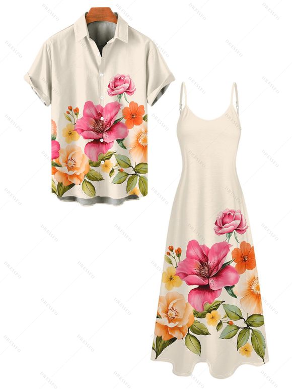 Vacation Couple Outfit Colored Floral Leaf Print Pocket Spaghetti Strap Dress and Shirt Garden Style Set - Champagne S | US 4