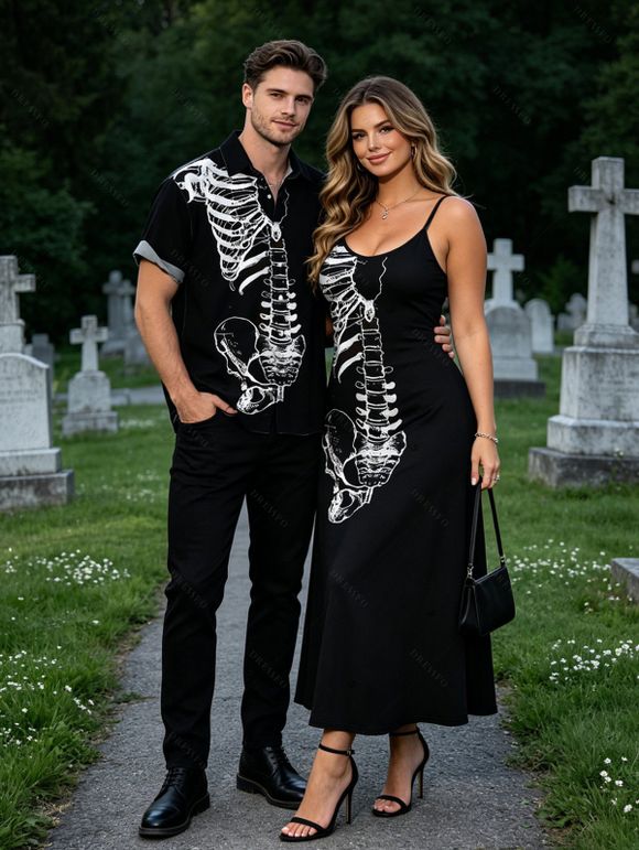 Gothic Couple Outfit Skeleton Bond Print Pocket Spaghetti Strap Dress and Shirt Set - Noir S | US 4
