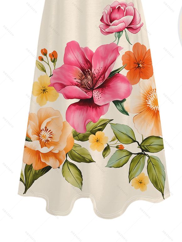 Vacation Couple Outfit Colored Floral Leaf Print Pocket Spaghetti Strap Dress and Shirt Garden Style Set - Champagne S | US 4