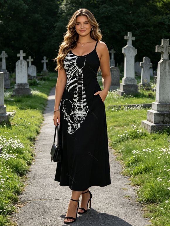 Gothic Couple Outfit Skeleton Bond Print Pocket Spaghetti Strap Dress and Shirt Set - Noir S | US 4