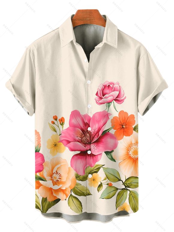 Vacation Couple Outfit Colored Floral Leaf Print Pocket Spaghetti Strap Dress and Shirt Garden Style Set - Champagne S | US 4