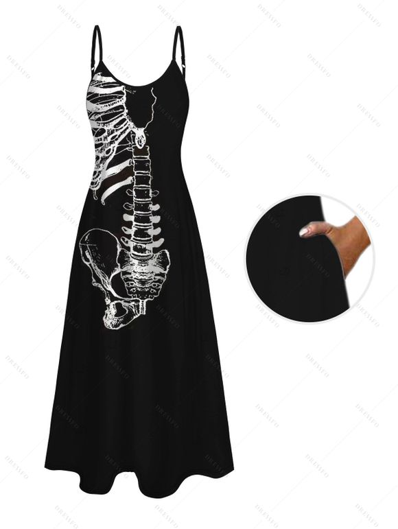 Gothic Couple Outfit Skeleton Bond Print Pocket Spaghetti Strap Dress and Shirt Set - Noir S | US 4