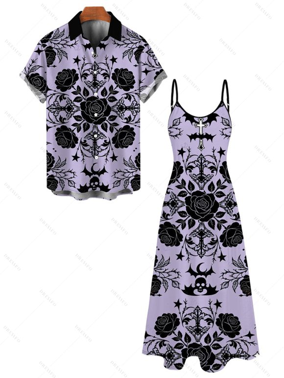 Gothic Couple Outfit Rose Cross Skulls Bats Print Pocket Spaghetti Strap Dress and Shirt Set - Violet clair S | US 4