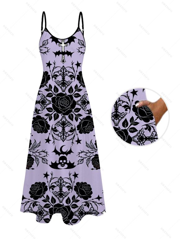 Gothic Couple Outfit Rose Cross Skulls Bats Print Pocket Spaghetti Strap Dress and Shirt Set - Violet clair S | US 4