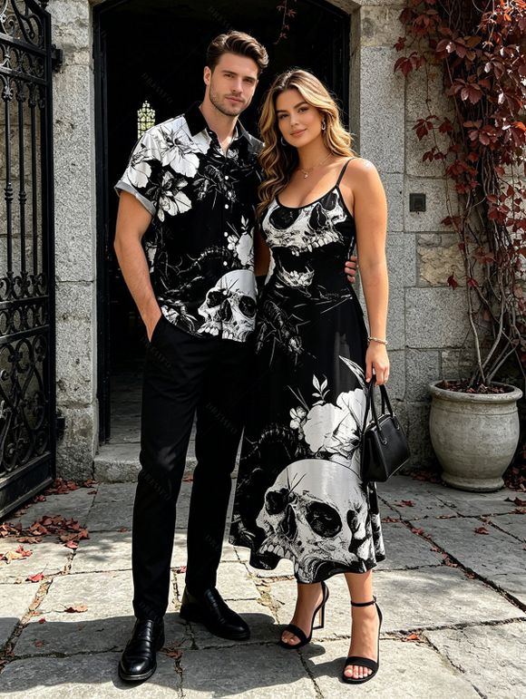 Vacation Gothic Couple Outfit Monochrome Skulls Insects Floral Print Pocket Spaghetti Strap Dress and Shirt Set - Noir S | US 4