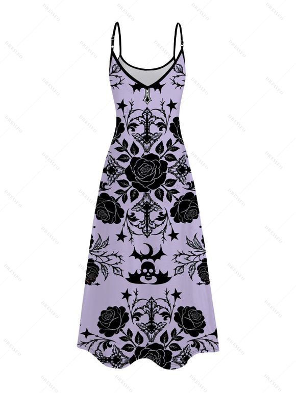 Gothic Couple Outfit Rose Cross Skulls Bats Print Pocket Spaghetti Strap Dress and Shirt Set - Violet clair S | US 4