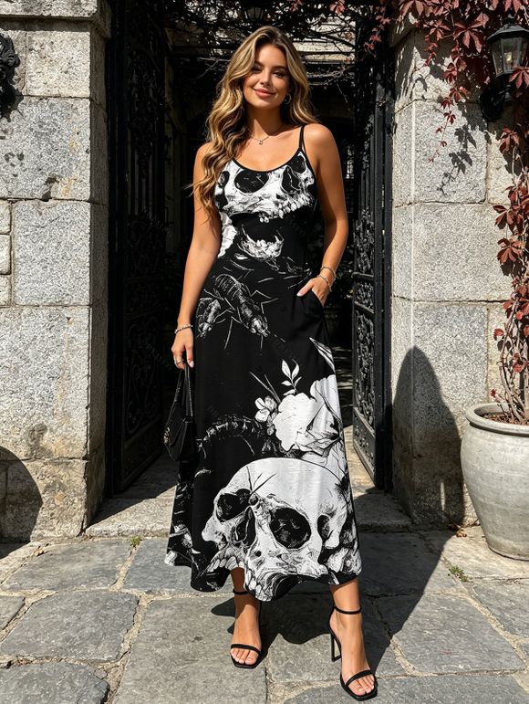 Vacation Gothic Couple Outfit Monochrome Skulls Insects Floral Print Pocket Spaghetti Strap Dress and Shirt Set - Noir S | US 4