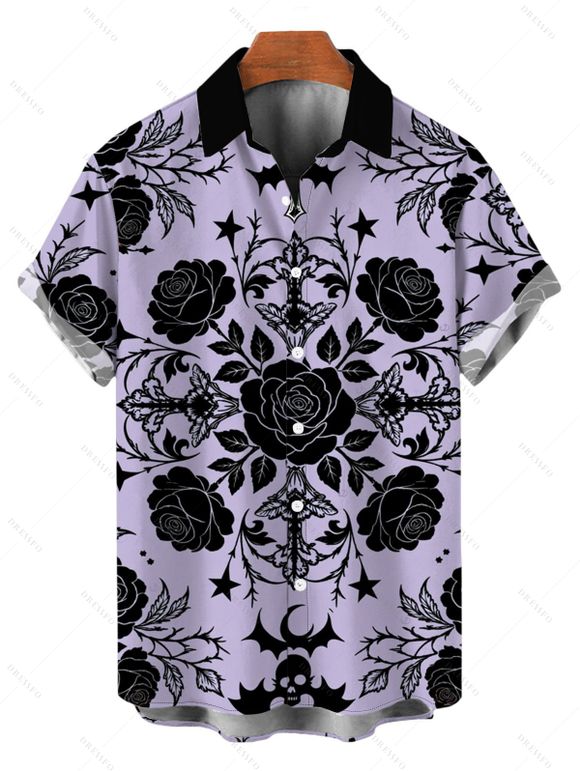 Gothic Couple Outfit Rose Cross Skulls Bats Print Pocket Spaghetti Strap Dress and Shirt Set - Violet clair S | US 4