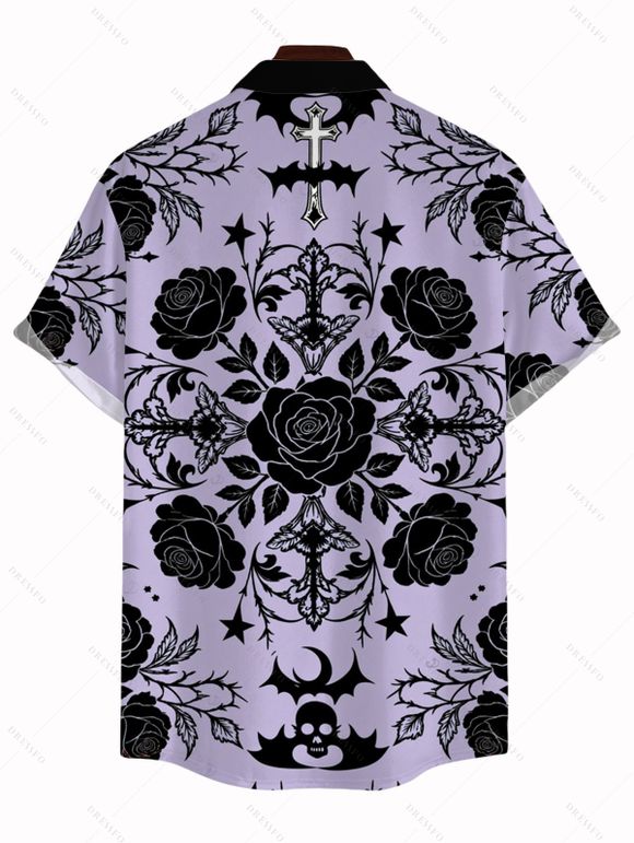 Gothic Couple Outfit Rose Cross Skulls Bats Print Pocket Spaghetti Strap Dress and Shirt Set - Violet clair S | US 4