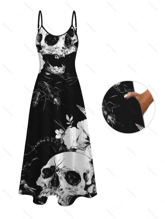 Vacation Gothic Couple Outfit Monochrome Skulls Insects Floral Print Pocket Spaghetti Strap Dress and Shirt Set - Noir S | US 4