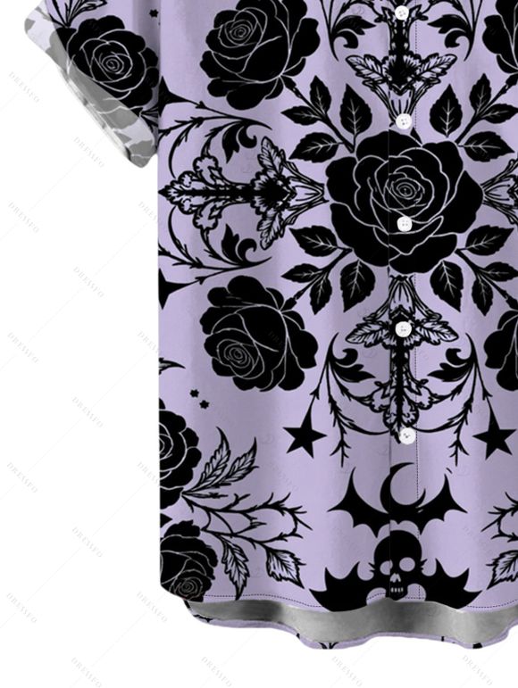 Gothic Couple Outfit Rose Cross Skulls Bats Print Pocket Spaghetti Strap Dress and Shirt Set - Violet clair S | US 4