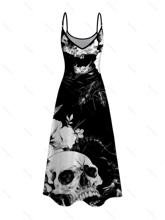Vacation Gothic Couple Outfit Monochrome Skulls Insects Floral Print Pocket Spaghetti Strap Dress and Shirt Set - Noir S | US 4