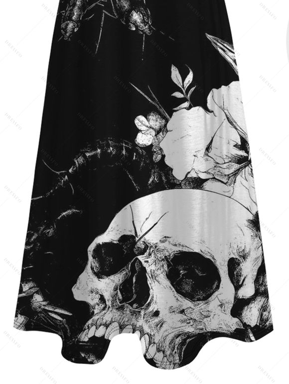 Vacation Gothic Couple Outfit Monochrome Skulls Insects Floral Print Pocket Spaghetti Strap Dress and Shirt Set - Noir S | US 4